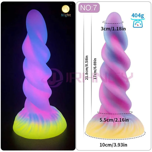 Glowing purple-pink spiral silicone dildo with a wide yellow-green flared base, shown beside dimensions