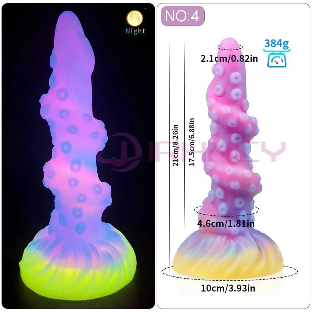 Glow-in-the-dark fantasy silicone dildo with textured shaft and wide suction base, shown with measurements