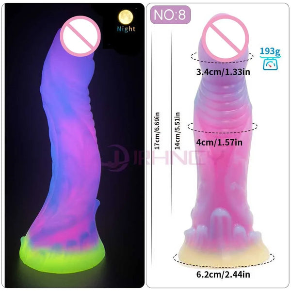 Two-panel image of a glowing ridged fantasy dildo with a flared base and size measurements