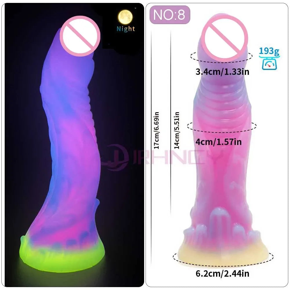 Two-panel image of a glowing ridged fantasy dildo with a flared base and size measurements