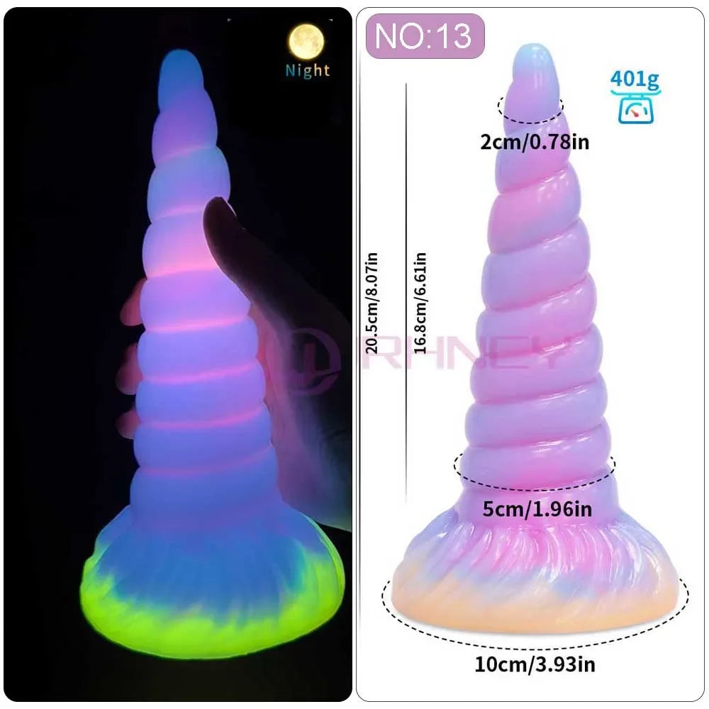 Glowing pastel-purple tapered silicone dildo with spiral ridges and a wide base, shown beside measurements