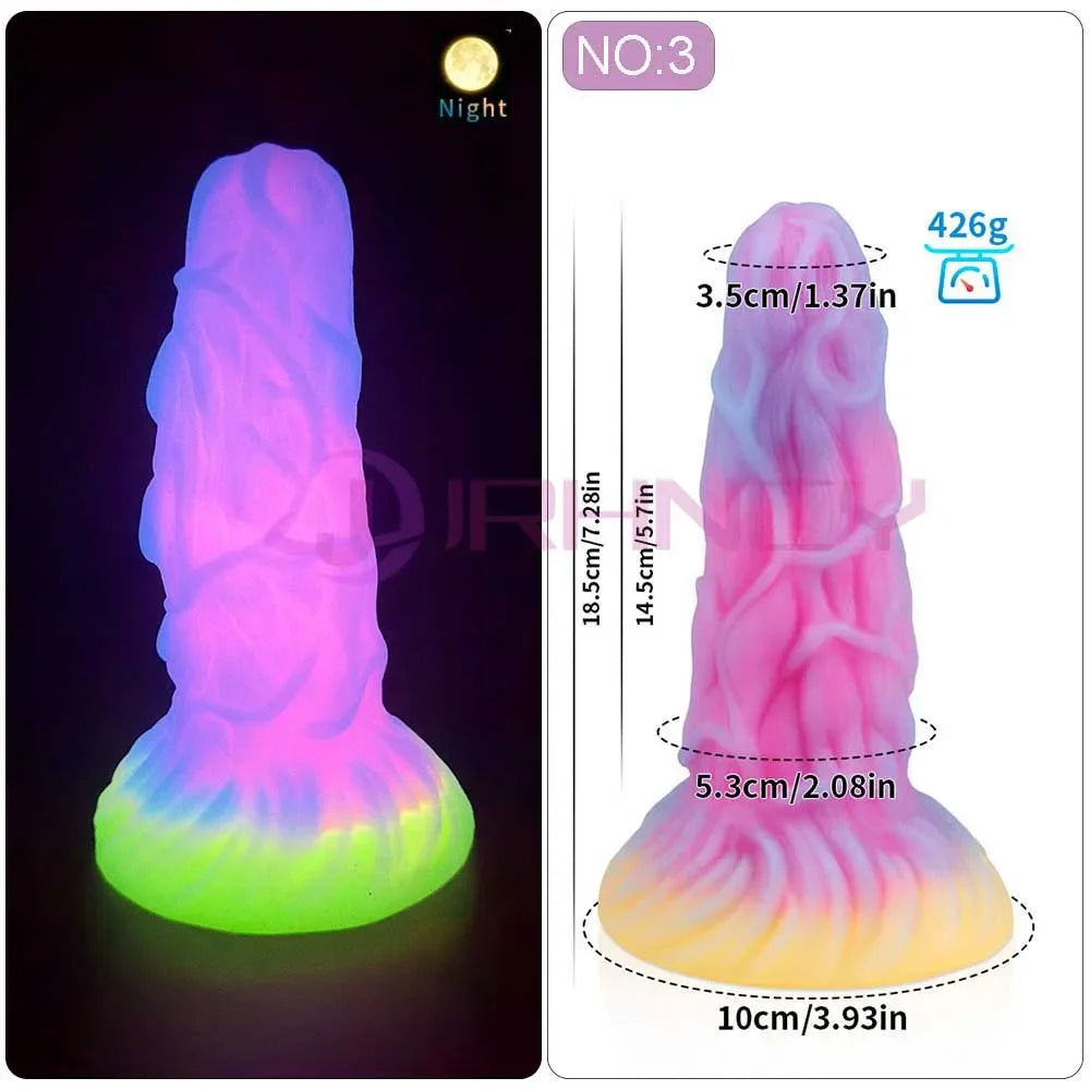 Glowing fantasy-textured silicone dildo shown upright beside a measurement diagram
