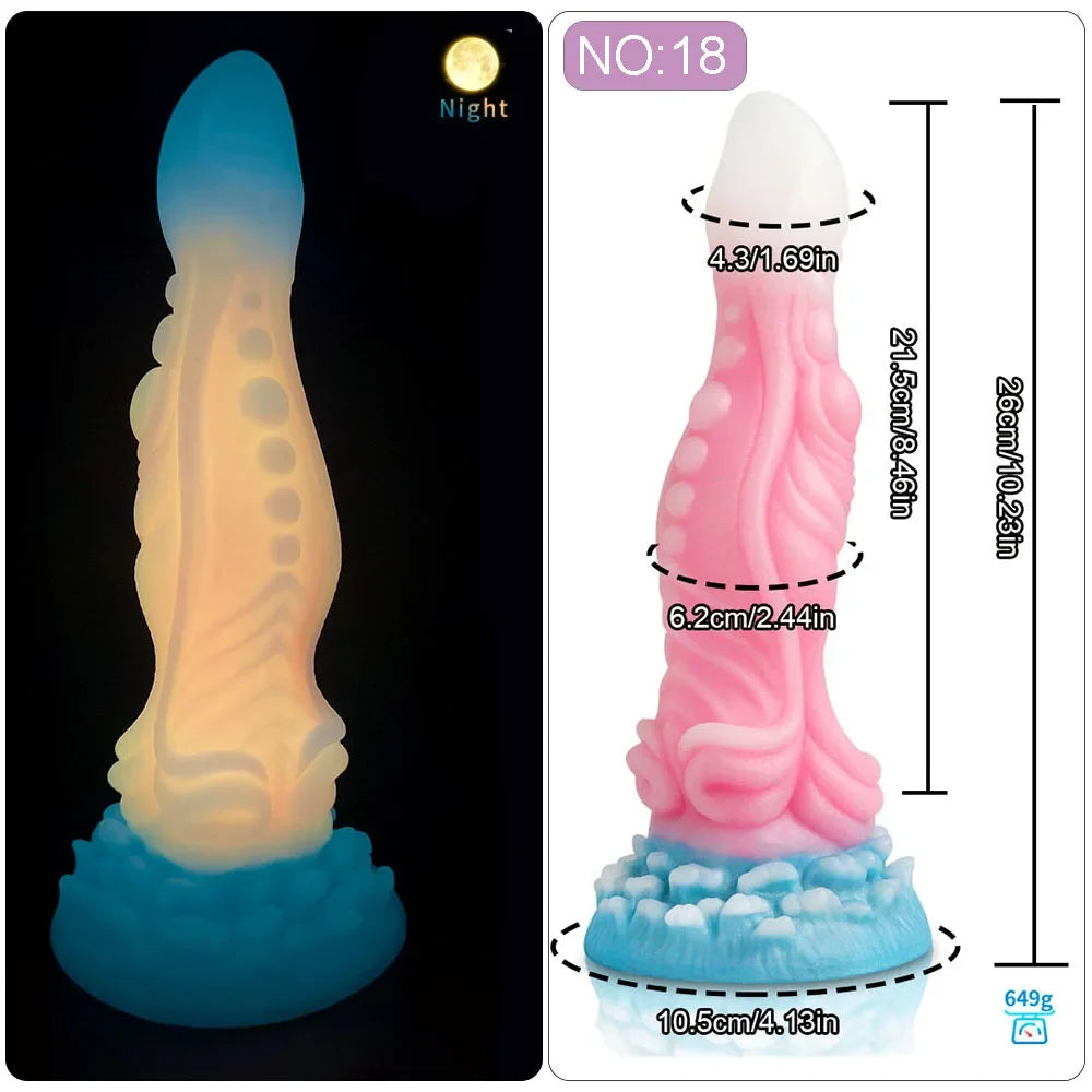 Glow-in-the-dark fantasy dildo shown beside a pink dimension diagram