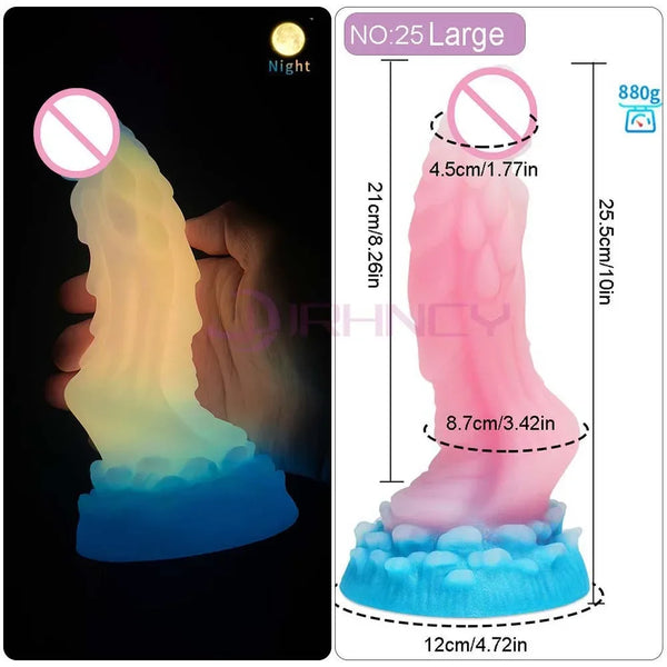 Glow-in-the-dark fantasy dildo shown in hand beside a pink size diagram