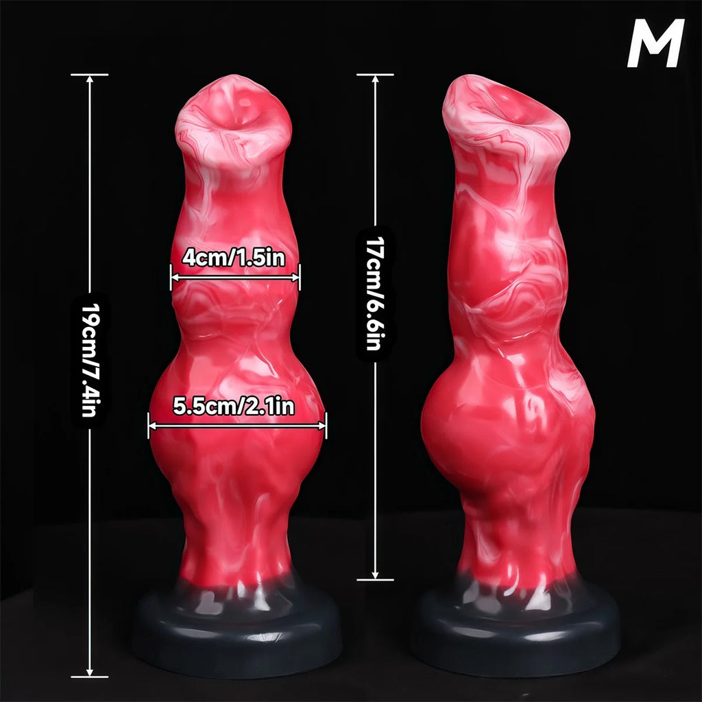 Two views of a red marbled wolf dildo with a black base and size measurements