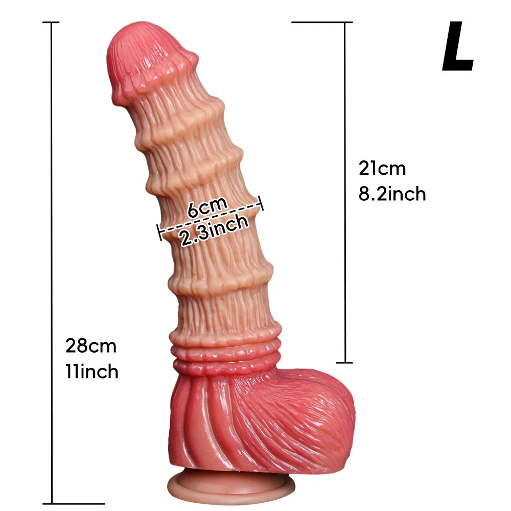 Large textured pink-brown wolf dildo shown upright with suction base and size markings