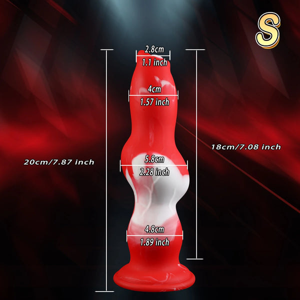 Red-and-white wolf-shaped dildo shown upright with measurements over a dark red background