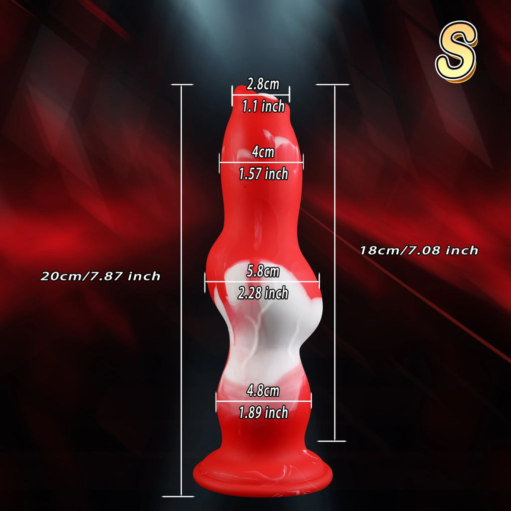 Red-and-white wolf-shaped dildo shown upright with measurements over a dark red background