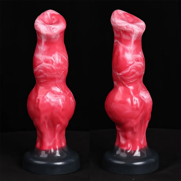 Two views of a glossy red, marbled wolf-shaped dildo on black bases