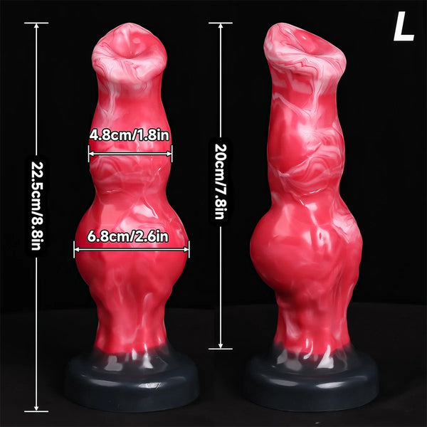 Two views of a red marbled wolf dildo on a black base, with measurements shown