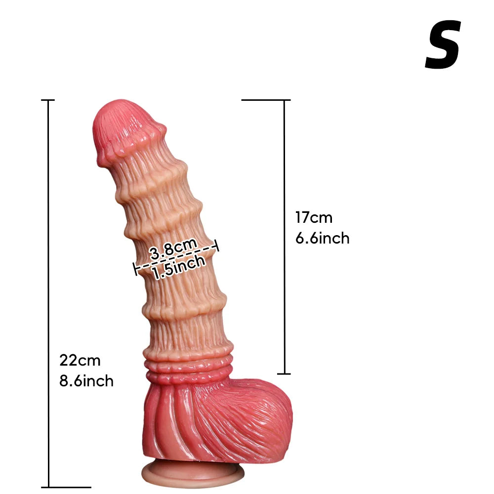 Side-view pink wolf dildo with ridged shaft, flared base, and size measurements