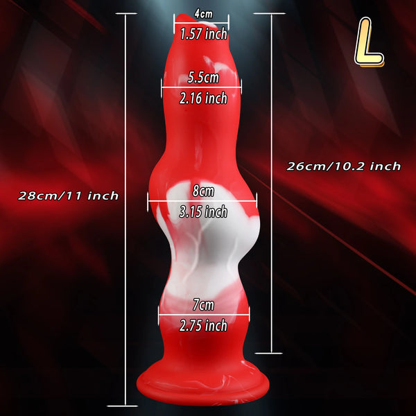Front view of a red-and-white wolf-shaped dildo with a flared base and measurement labels