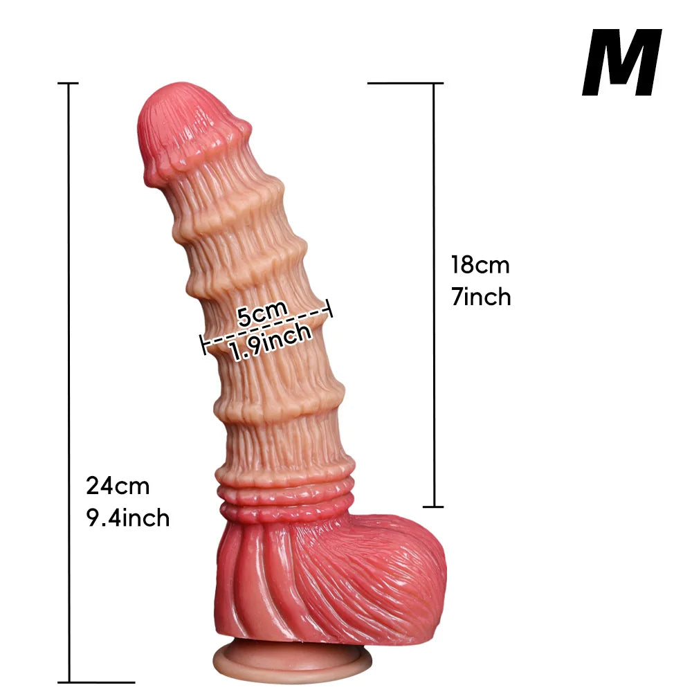 Ribbed pink-and-tan wolf dildo shown upright with suction base and size measurements