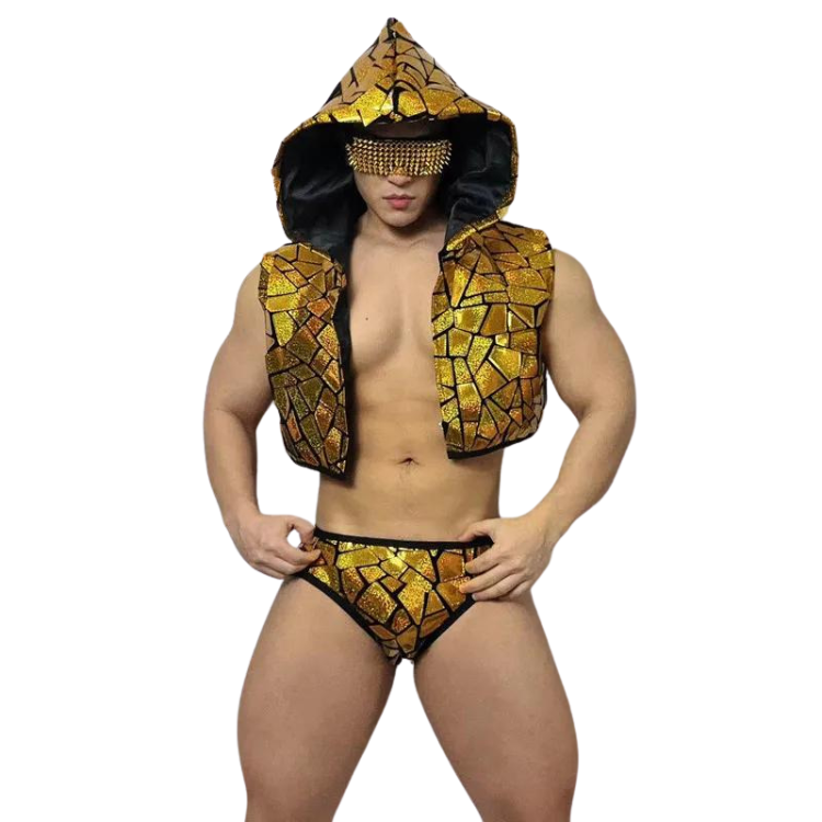 Front-facing model wearing a gold mosaic hooded vest and matching briefs with a chain eye covering