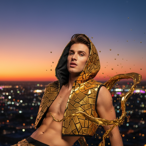 Model in a gold geometric hooded vest and low-rise trunks at sunset