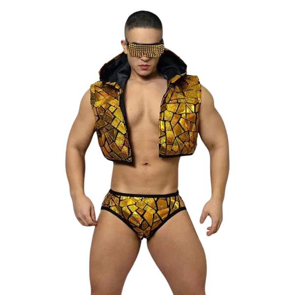 Front-facing model in a gold mosaic cropped hooded vest and matching briefs