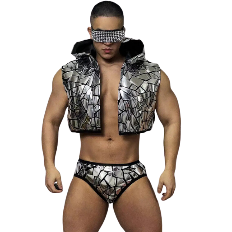 Front-facing model in a mirrored silver cropped hooded vest and matching briefs