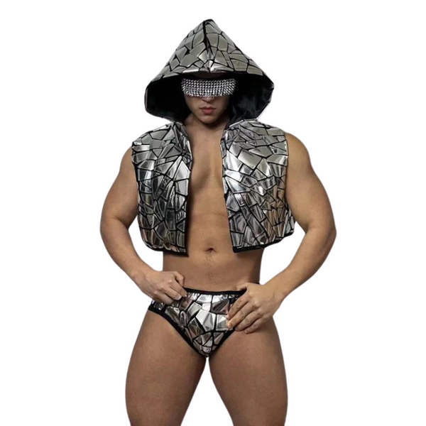 Model wearing a silver mosaic hooded vest and matching brief-style trunks