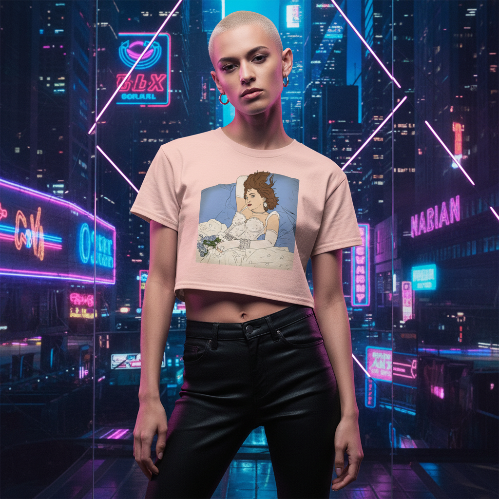 Madonna Like A Virgin crop top with anime art, rocked by a shaved-head queer babe in hoops