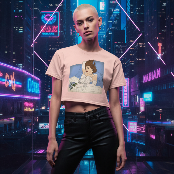Madonna Like A Virgin crop top with anime art, rocked by a shaved-head queer babe in hoops