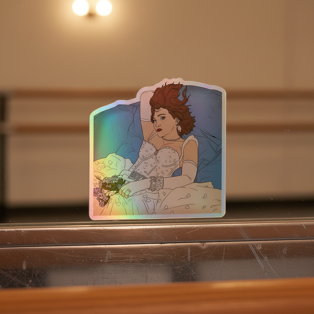 Holographic sticker showing a red-haired person in a white dress on blue sheets, bouquet in hand