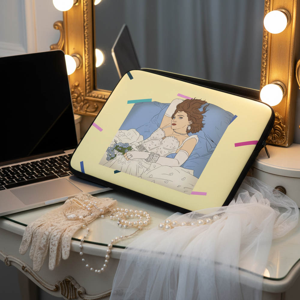 Madonna Like A Virgin laptop sleeve with a person in a white dress, set on a vanity beside lace gloves, pearls, veil