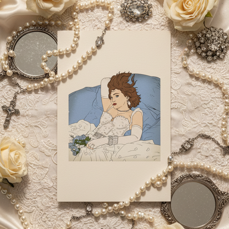 Madonna Like A Virgin Postcard shows a person in a white gown on lace, with pearls, roses, mirrors, brooch