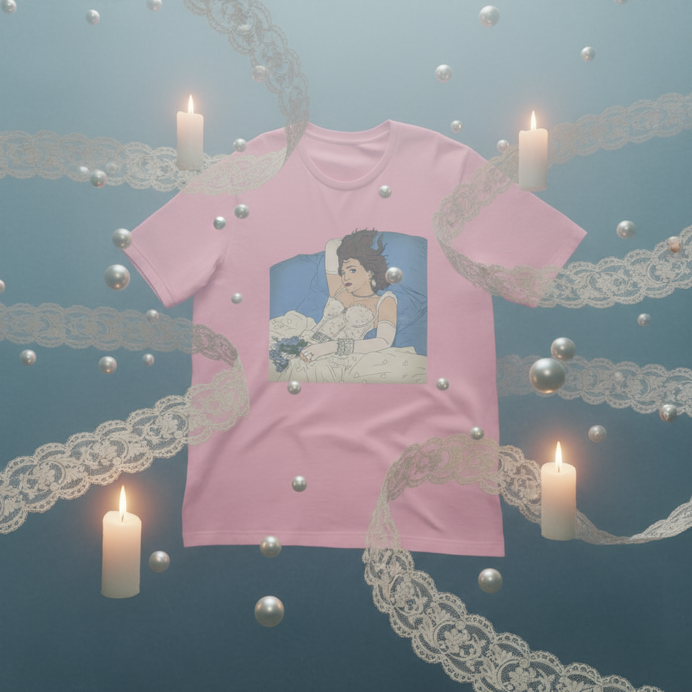 Pastel-pink T-shirt with a reclining woman illustration, styled with lace, candles, and silver spheres