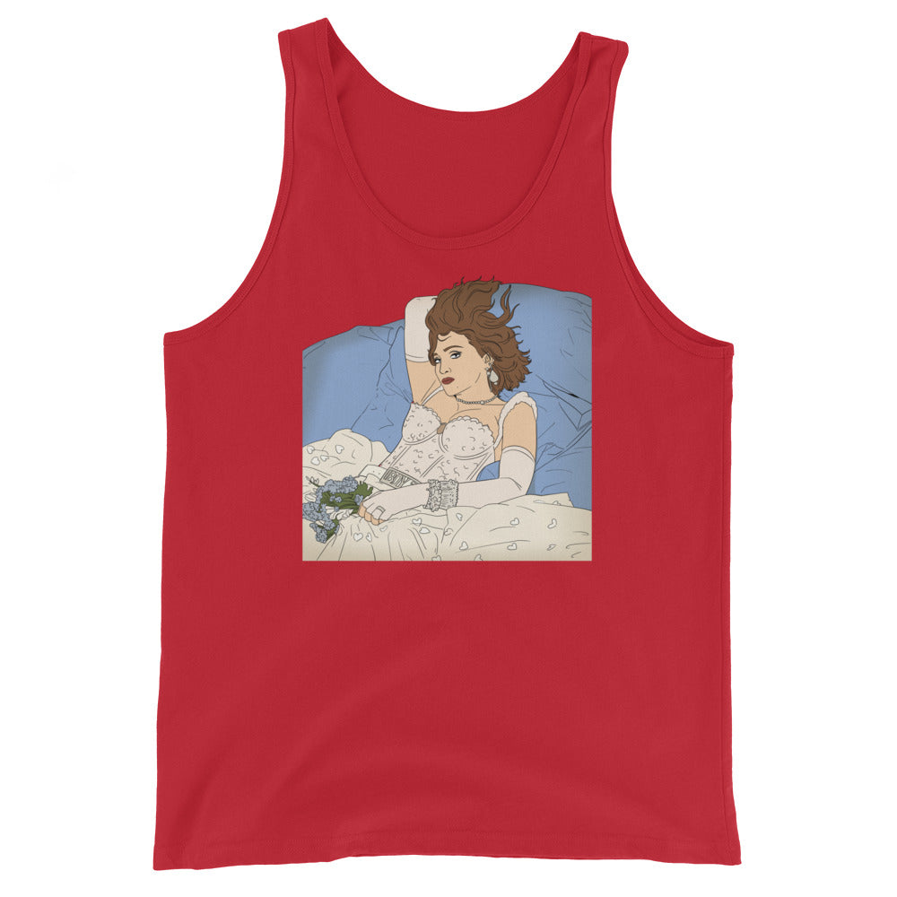 Red unisex tank top featuring an anime-inspired femme with brown hair, white gown and gloves
