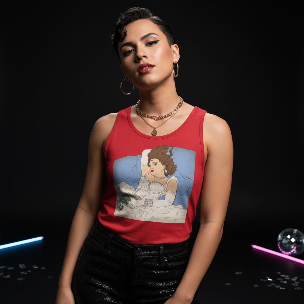 Madonna Like A Virgin Unisex Tank Top, queer fashion inspo, worn by a confident person in gold chains and sparkly pants