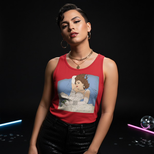 Madonna Like A Virgin Unisex Tank Top, queer fashion inspo, worn by a confident person in gold chains and sparkly pants