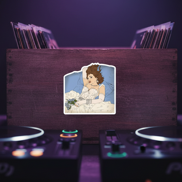 Madonna Like A Virgin Bubble-Free Sticker on a wooden crate of vinyl