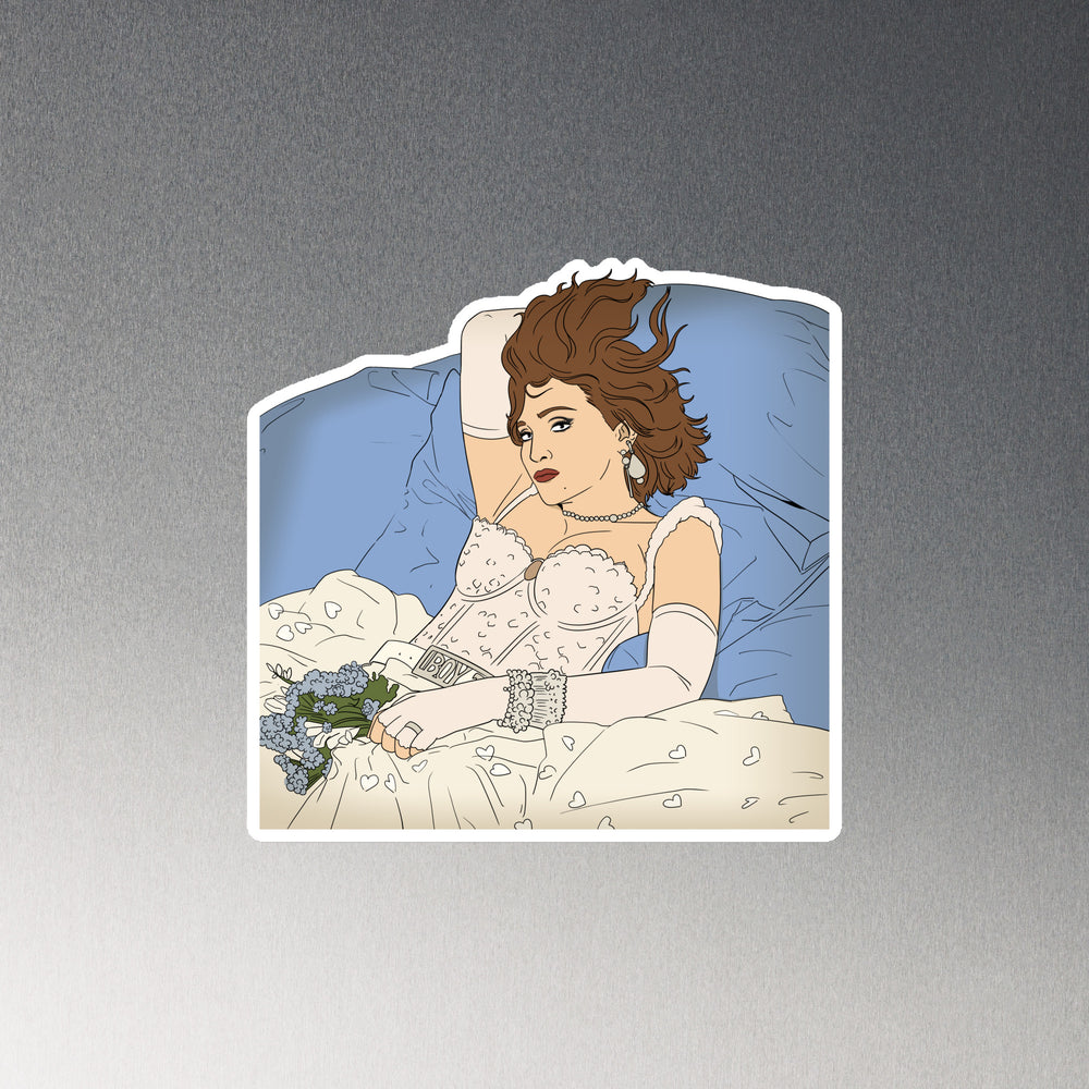 Illustrated woman reclining in bed, wearing a corset and holding flowers