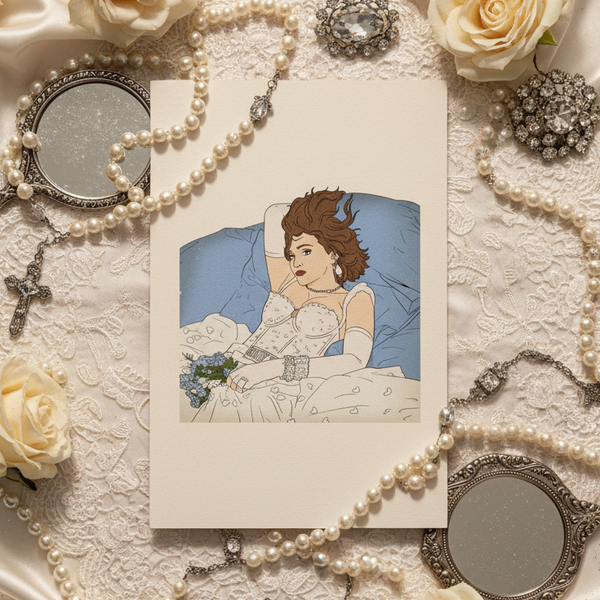 Madonna Like A Virgin Postcard shows a person in a white gown on lace, with pearls, roses, mirrors, brooch