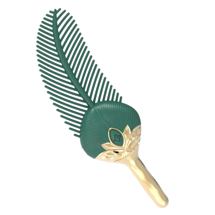 Green feather-shaped comb with a gold floral handle, shown diagonally on white