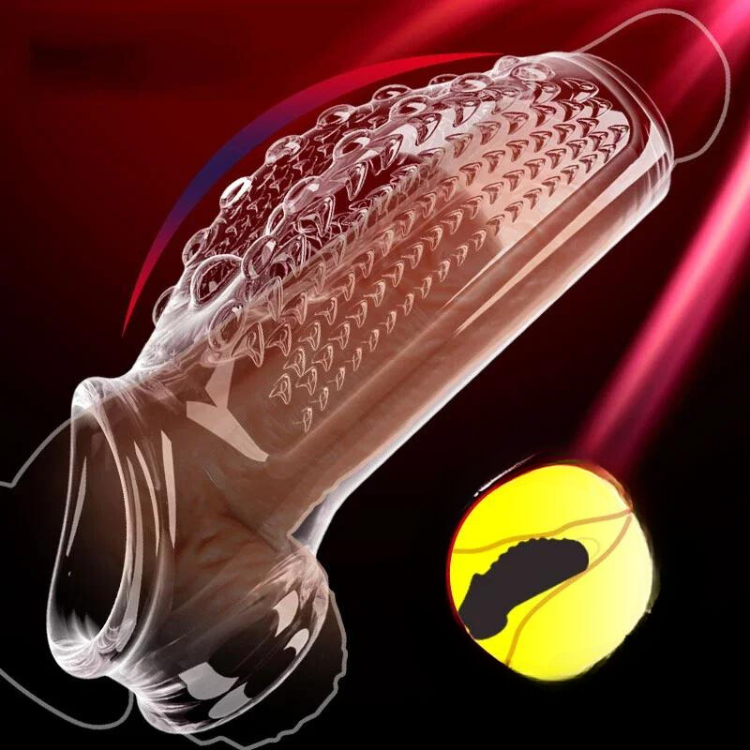 Transparent penis sleeve with raised textured ridges and an open base, shown diagonally