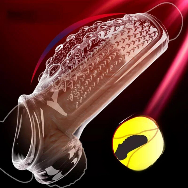 Transparent penis sleeve with raised textured ridges and an open base, shown diagonally