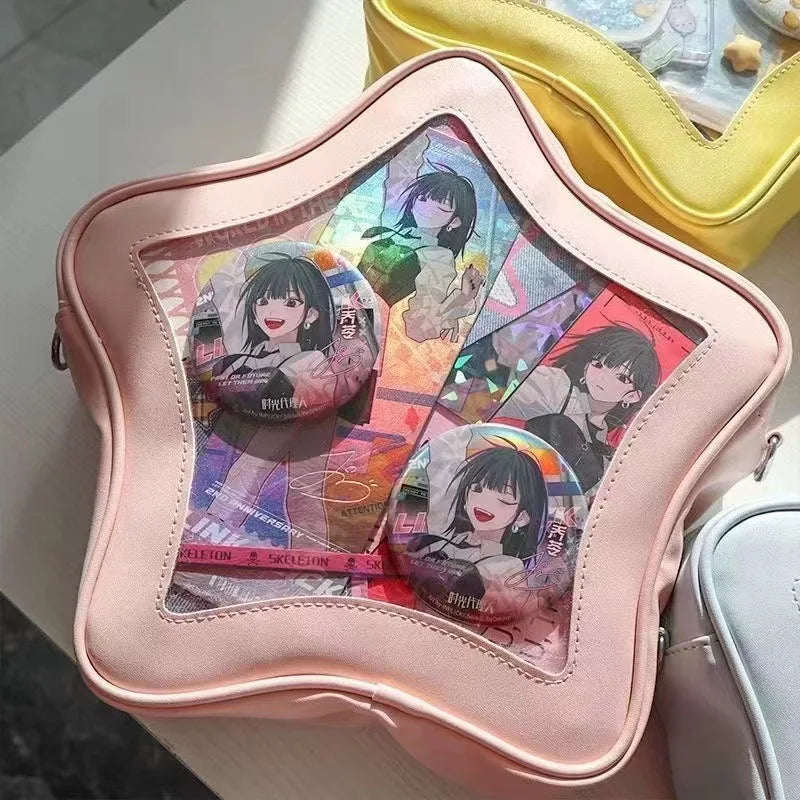 Pink star-shaped shoulder bag with a clear window showing anime-style character cards