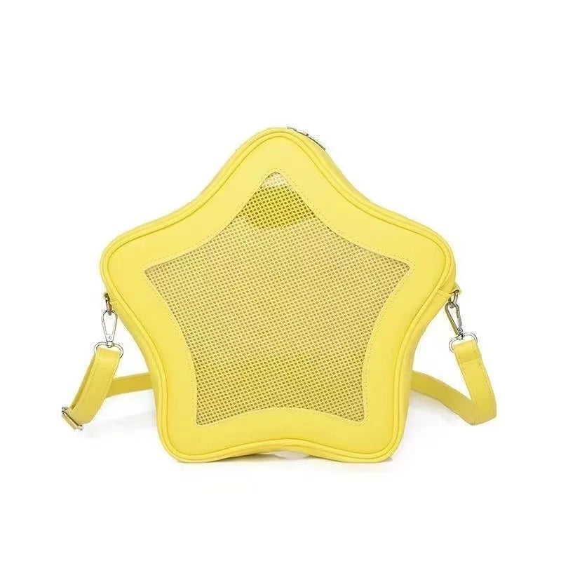Bright yellow star-shaped shoulder bag with a mesh star panel and detachable strap