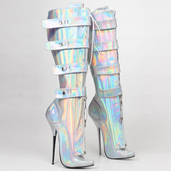 Neon Silver Mid Calf Heel Boots