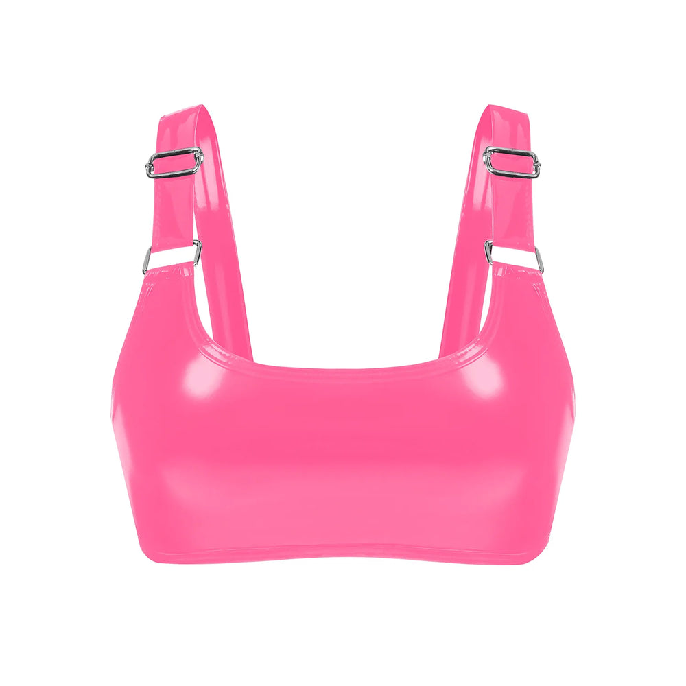 Front view of a glossy hot-pink bralette with wide adjustable straps and silver hardware