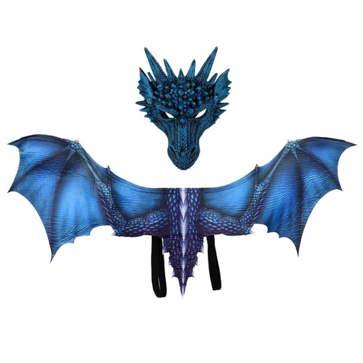 Blue dragon mask above matching outstretched bat wings with black straps
