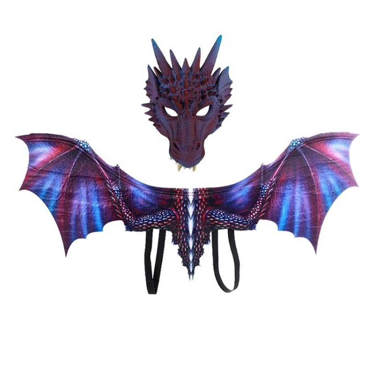 Purple and blue dragon wings with a matching horned dragon mask, shown on white