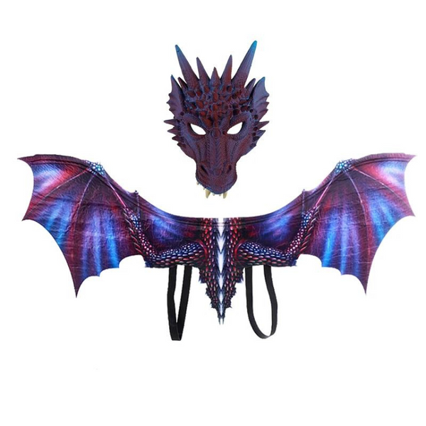 Purple and blue dragon wings with a matching horned dragon mask, shown on white