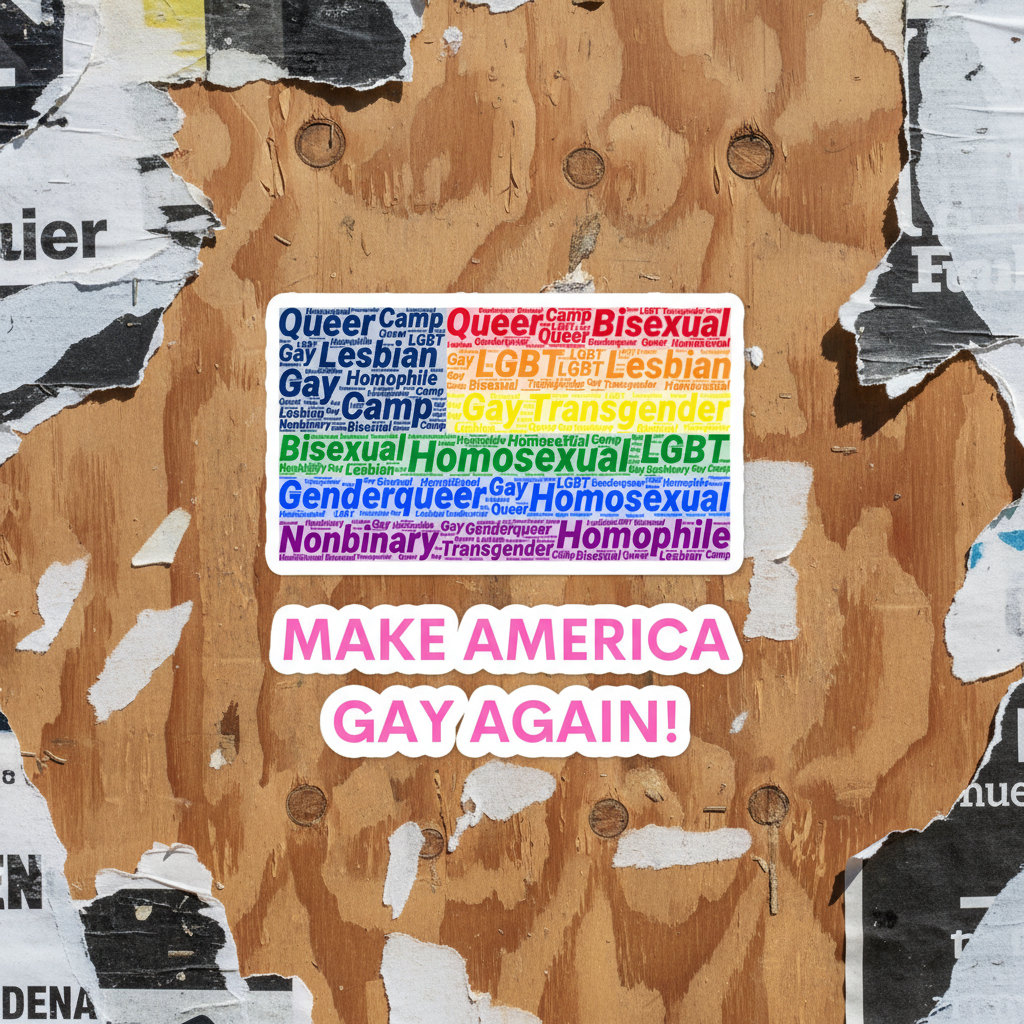 Bubble-free sticker with Make America Gay Again! in pink on torn brown paper