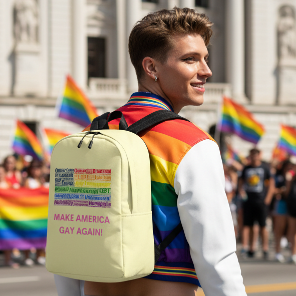 Person wearing cream Pride backpack, Pride parade; gay Pride backpack with “Make America Gay Again! Minimalist” design