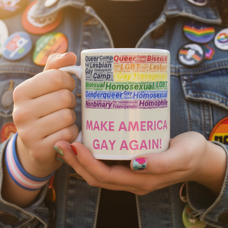 Person holds a white “Make America Gay Again!” mug with colorful LGBTQ terms
