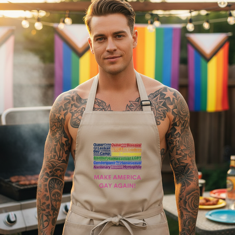 Beige gay Pride organic cotton apron with “Make America Gay Again!” design