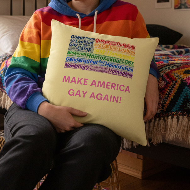 Person in rainbow-striped hoodie sits on bed holding "Make America Gay Again!" pillow with bold pink text and LGBTQ+ terms