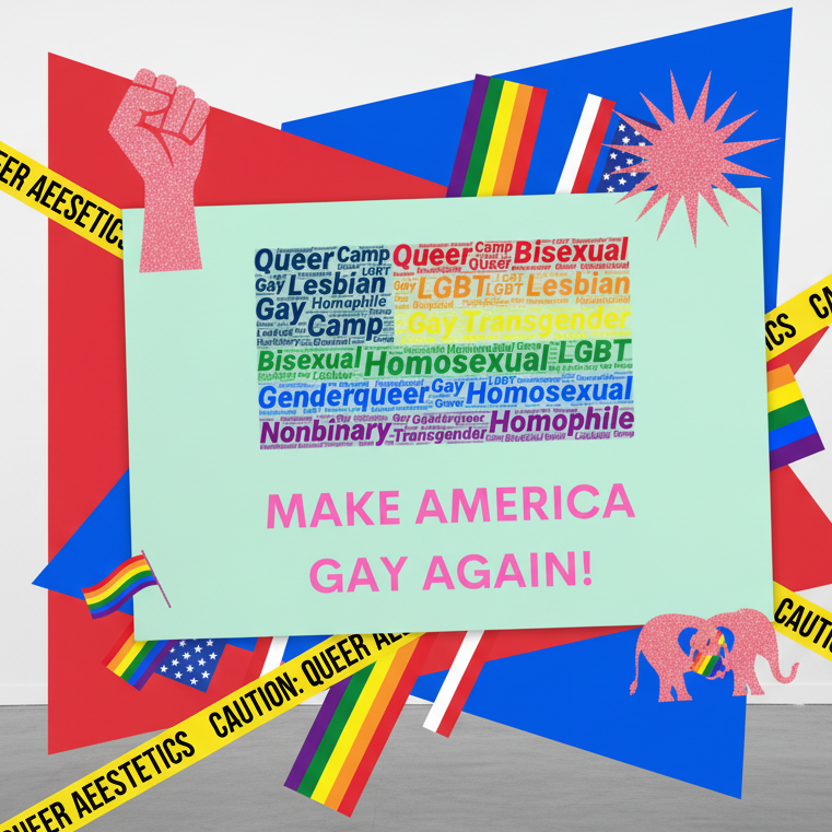 Postcard with pride flags, pink raised fist, rainbow LGBTQ+ word cloud